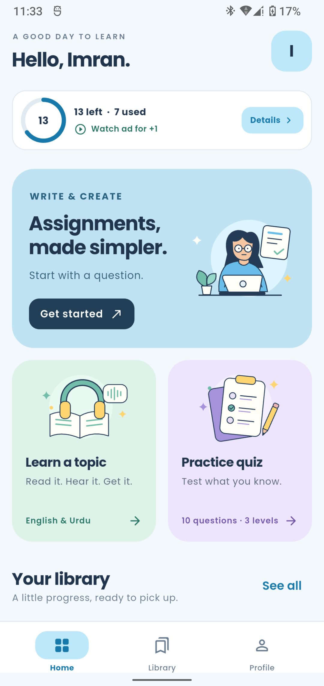 StudyKitab home screen with assignments, lessons, quizzes and a saved library