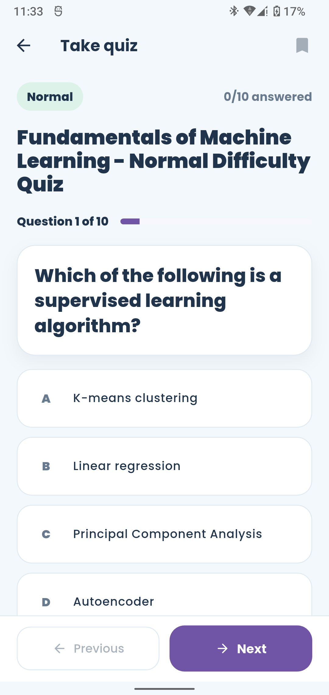 A real ten-question machine learning practice quiz in StudyKitab